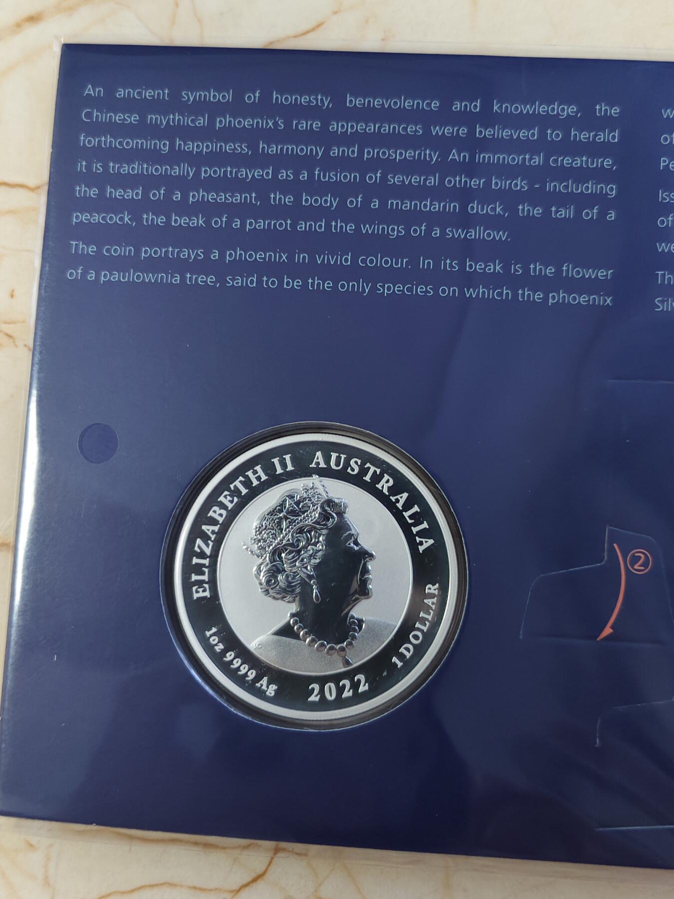 第180期拍卖【长期征集拍品】【北京币展专场】 卡装蓝澳大利亚2022年中国神话传说系列凤凰彩色1盎司银币，9999银，发行5000枚