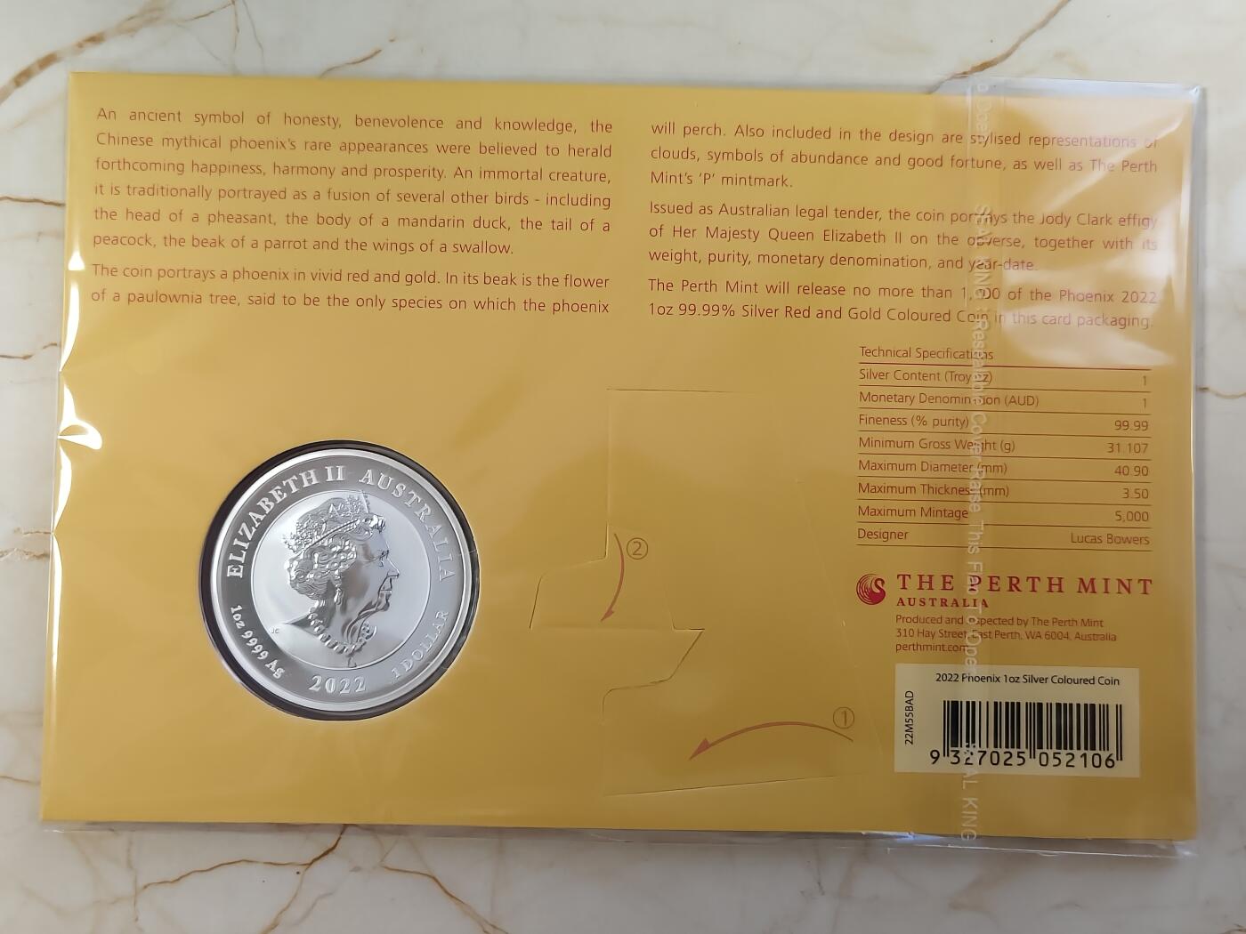 第180期拍卖【长期征集拍品】【北京币展专场】 卡装橙澳大利亚2022年中国神话传说系列凤凰彩色1盎司银币，9999银，发行5000枚