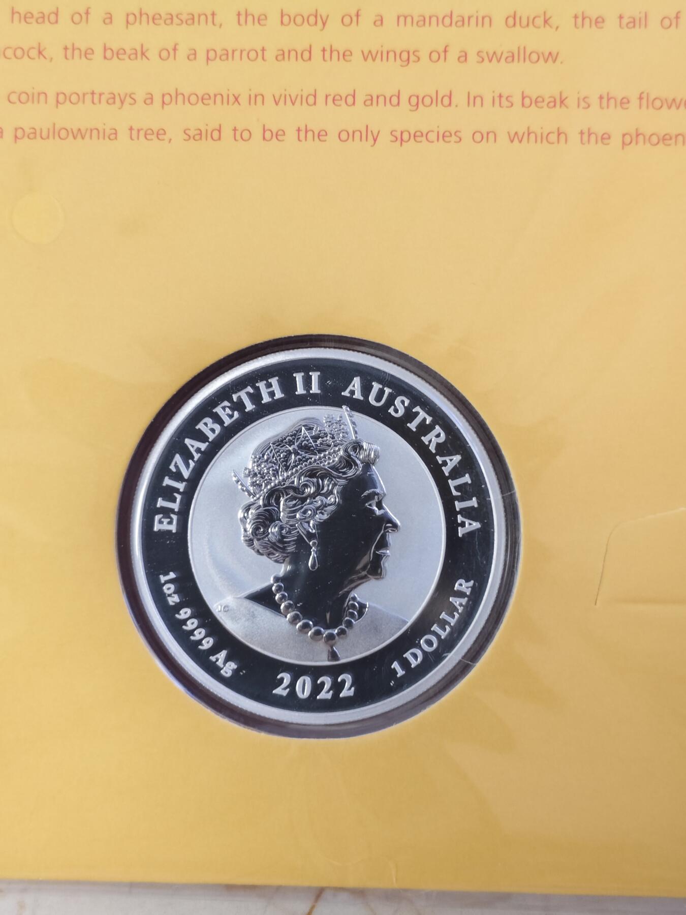 第180期拍卖【长期征集拍品】【北京币展专场】 卡装橙澳大利亚2022年中国神话传说系列凤凰彩色1盎司银币，9999银，发行5000枚