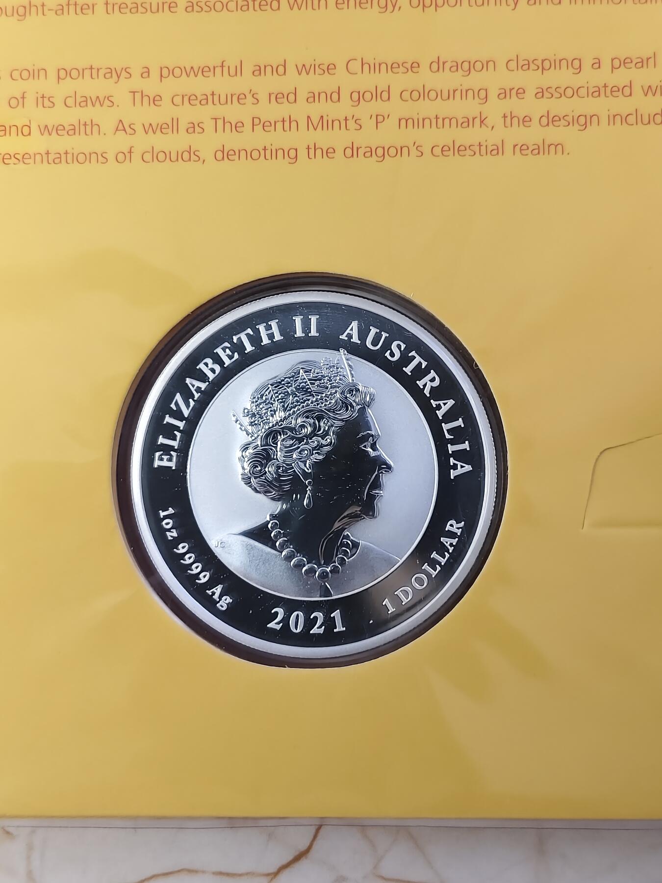 第180期拍卖【长期征集拍品】【北京币展专场】 卡装澳大利亚2021年中国神话传说系列龙彩色1盎司银币，9999银，发行5000枚