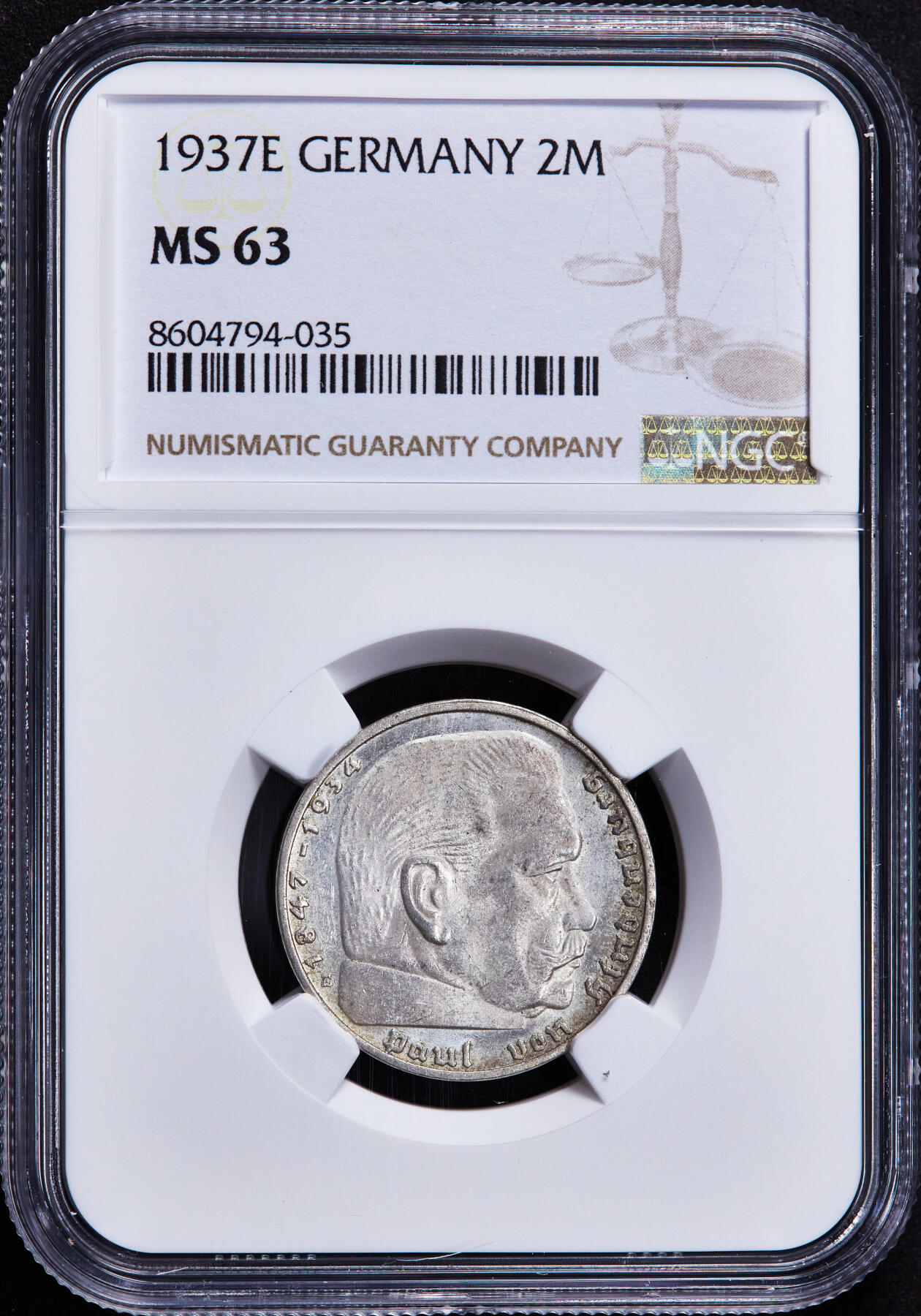 【俄甄集藏】2025年(044)11-12星期三晚 19:30 全场包邮 德国第三帝国1937年E版2马克银币，NGC MS63，原味转光，底板凝霜，原图联系客服