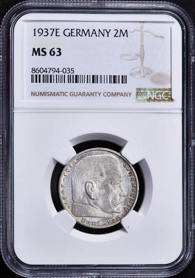 【俄甄集藏】2025年(044)11-12星期三晚 19:30 全场包邮 - 德国第三帝国1937年E版2马克银币，NGC MS63，原味转光，底板凝霜，原图联系客服