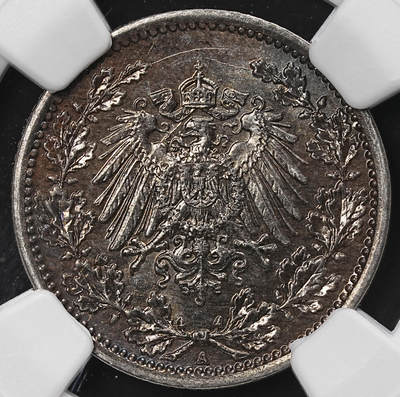 修遠堂世界钱币第九十一期 - NGC MS64 1918年德国1/2马克银币 A厂铭 通体黑彩