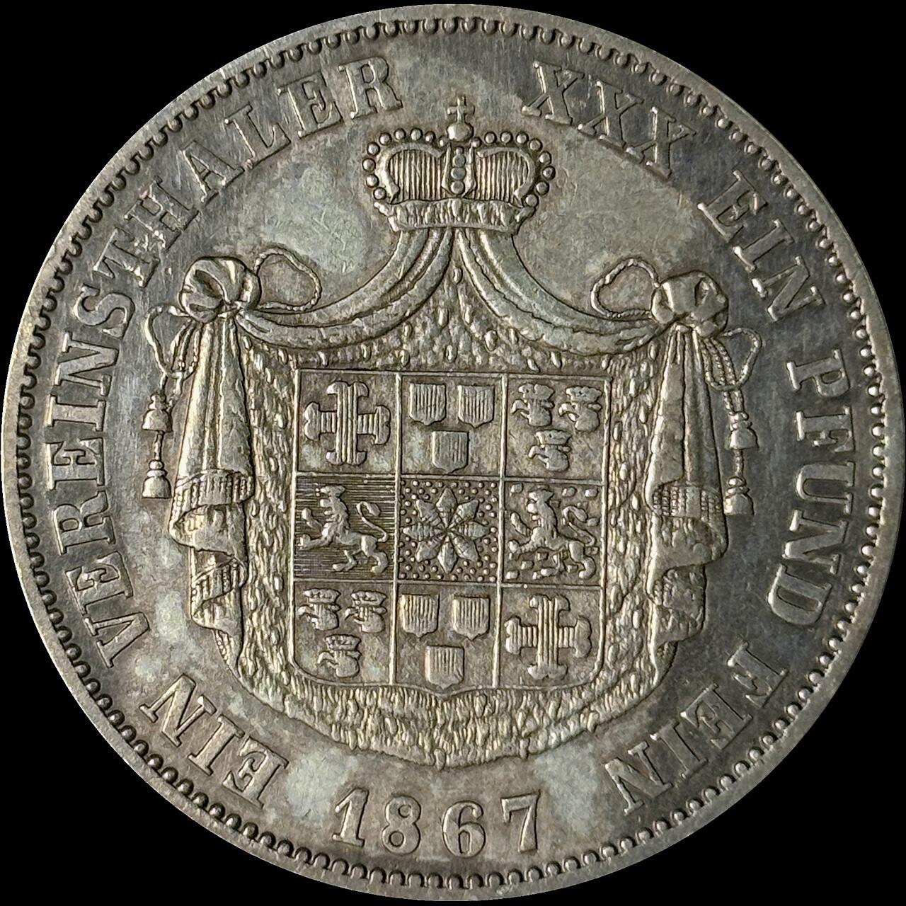 【雨安】【世界币章112-113期】周五/周六 两场连拍 2025-10-31 周五 19:30 保真 8秒倒数自动落锤 高效拍卖  [裸币德国] Germany 德国 德意志 1泰勒 Waldeck瓦尔德克 Thun.410 KM#0135 (1859-1867) 格奥尔格·维克多 1867年