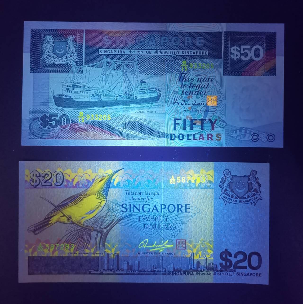 《艾美收藏》第218期-11.2周日外币荟萃 (2张)新加坡船版50元UNC无47 角不太绝 原票原汁原味&鸟版A冠20元UNC无4