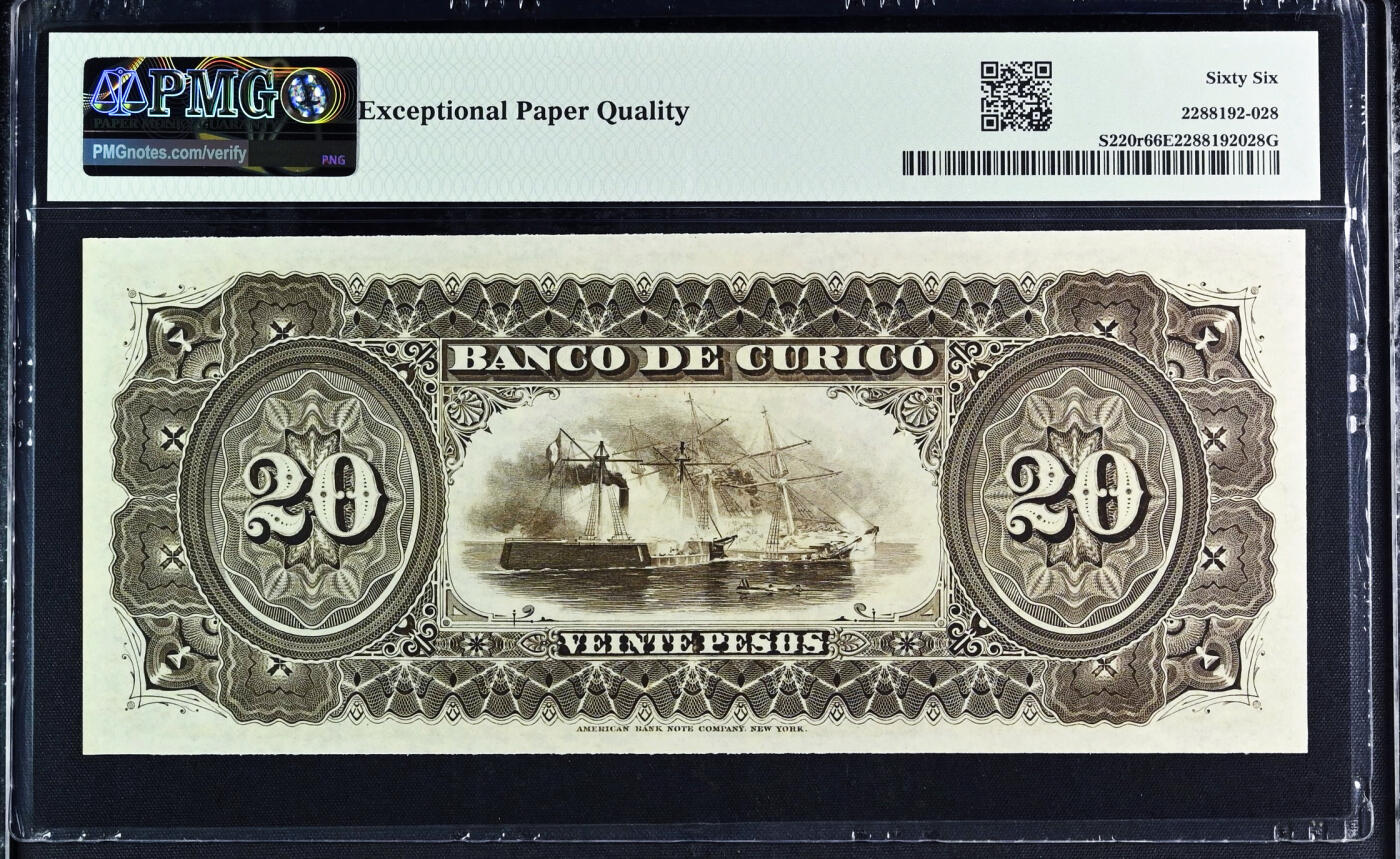 【Blue Auction】世界纸币精拍第744期——18级TOP拍卖/信誉/品质/专业/高效💫 智利 1882年20比索 ABNC出品 双面雕刻精美 裸女 大场景 画面丰富  大票幅 PMG66EPQ 