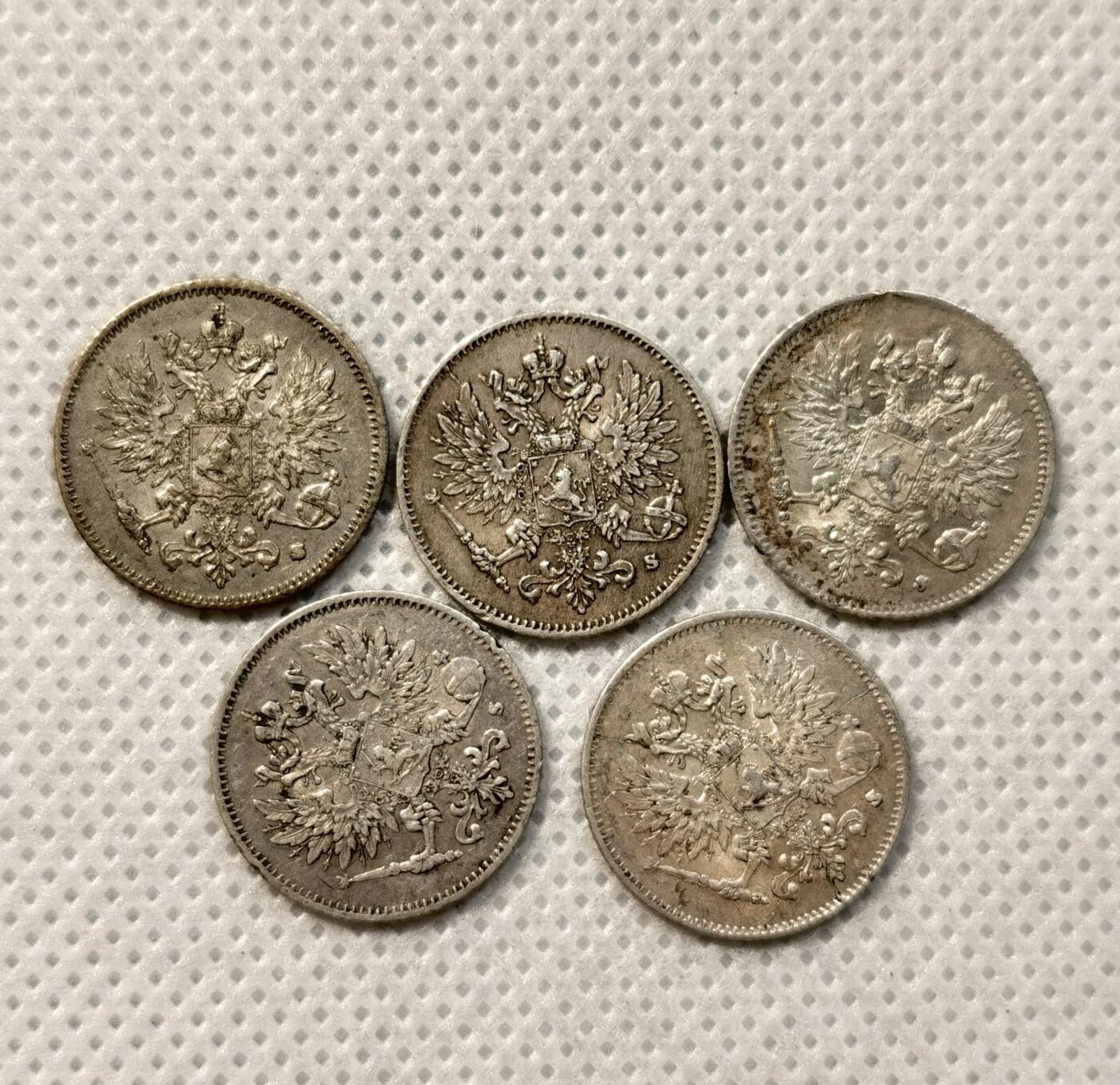 甄臻铺-世界币章拍卖（第37期），送拍享返佣金等优惠多多 俄属芬兰1916年双头鹰25芬尼银币5枚