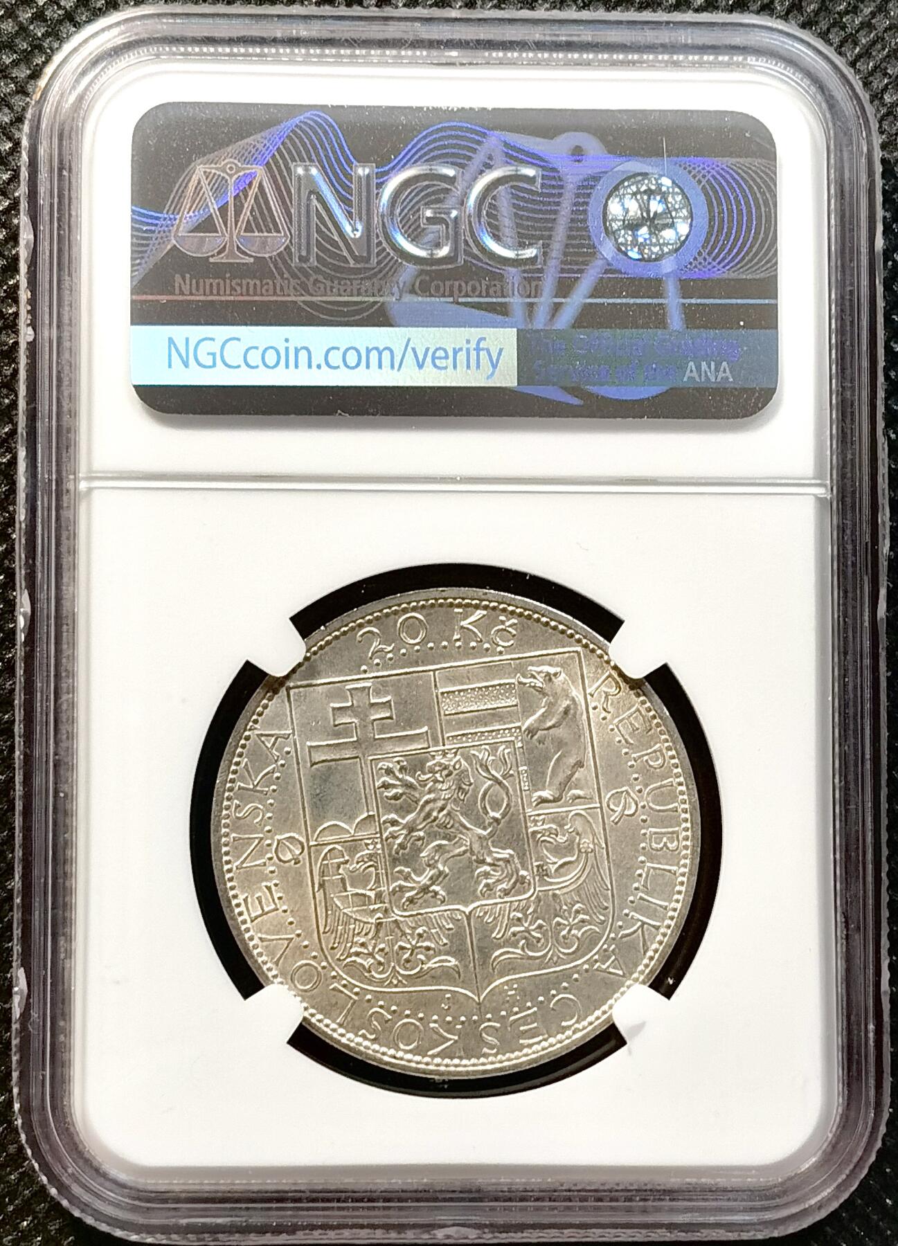 甄臻铺-世界币章拍卖（第37期），送拍享返佣金等优惠多多 NGC-UNCD 捷克斯洛伐克1937年20克朗纪念银币