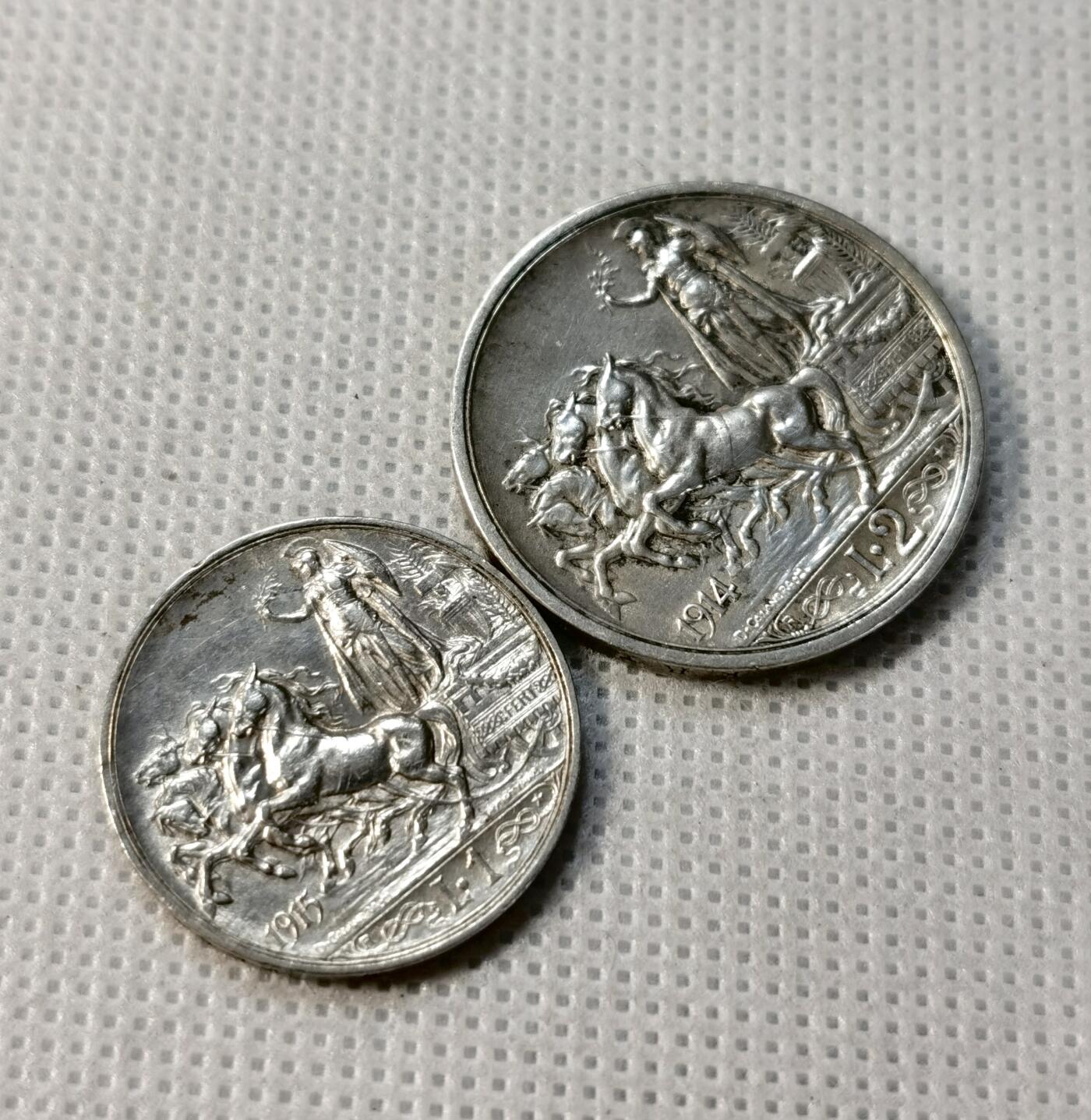 甄臻铺-世界币章拍卖（第37期），送拍享返佣金等优惠多多 意大利1915年胜利女神1里拉银币，1914年2里拉一组 好品 细节很美