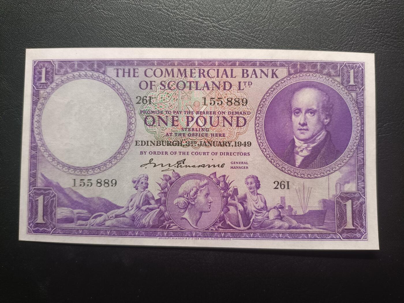 2025十一月第一期，总199期 苏格兰国家商业银行1949年1镑流通好品XF，银行创始人和苏格兰大徽章，少见早期紫色版本