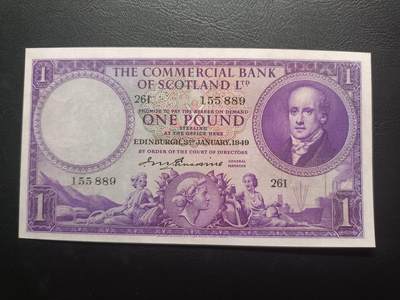 2025十一月第一期，总199期 - 苏格兰国家商业银行1949年1镑流通好品XF，银行创始人和苏格兰大徽章，少见早期紫色版本