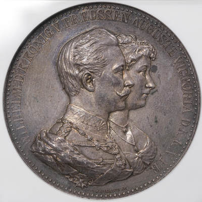 修遠堂世界钱币第九十一期 - NGC MS62 威廉二世结婚纪念大银章 漂亮的五彩包浆 45mm，重50g