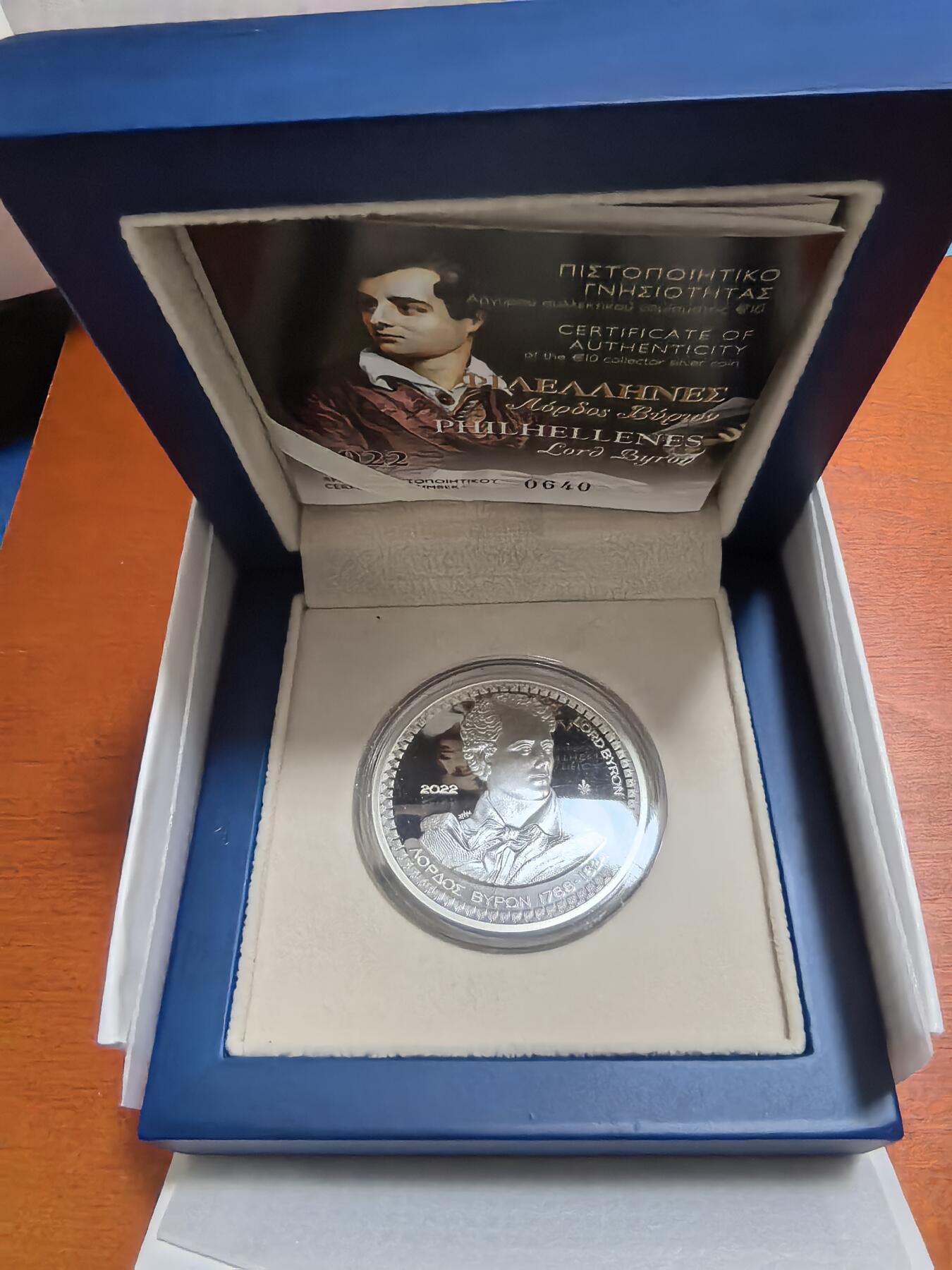 长老汇蛇年精选第六十九场拍卖 2022希腊拜伦10欧元彩色精制银币，34.1克925银，盒证全，2000枚