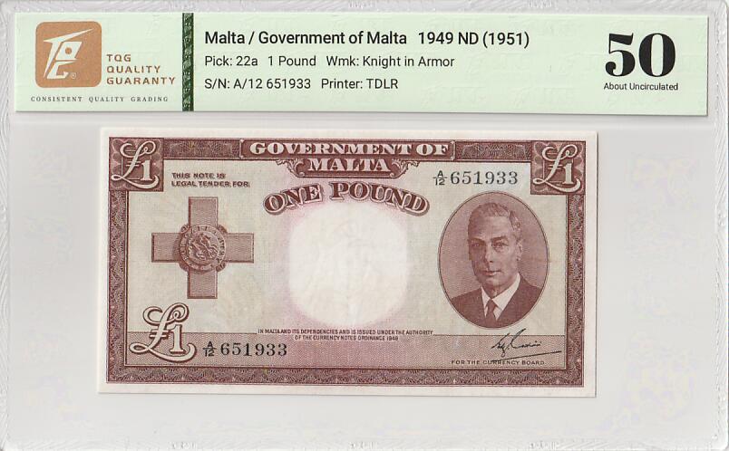 2025十一月第一期，总199期 英属马耳他1949版1镑TQG50分无47，老年乔治六世国王，少见英属殖民地品种
