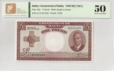 2025十一月第一期，总199期 - 英属马耳他1949版1镑TQG50分无47，老年乔治六世国王，少见英属殖民地品种