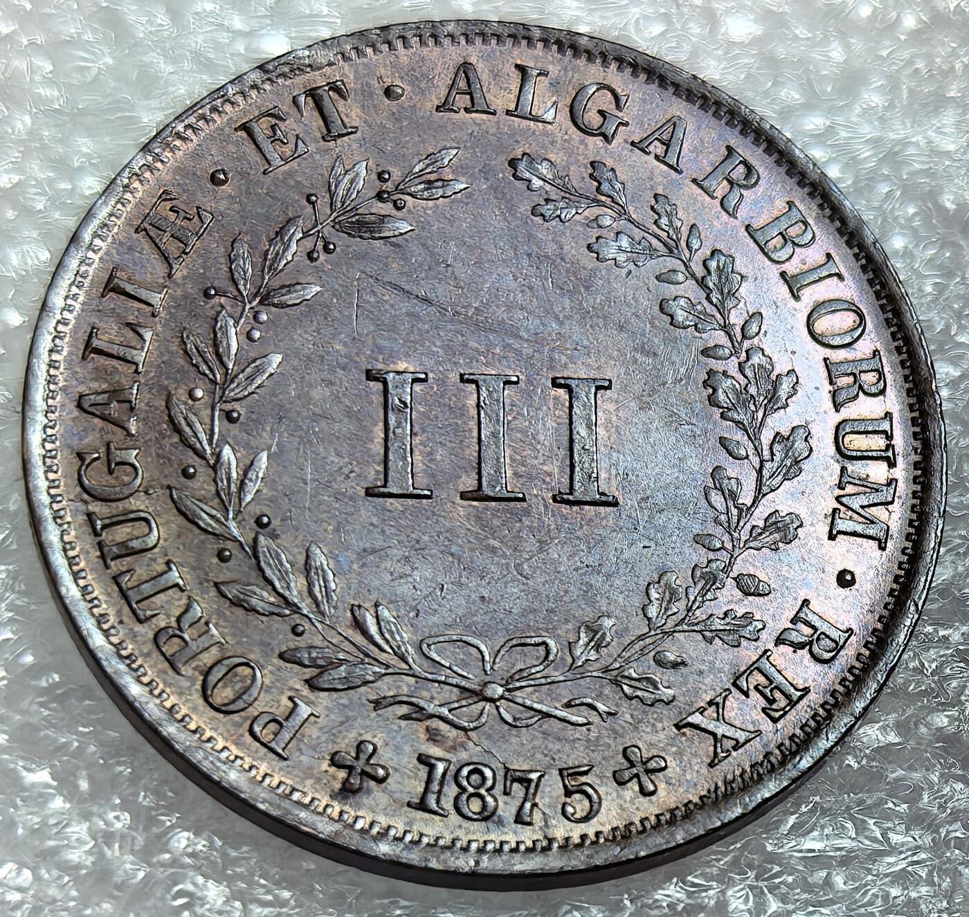 埃及、德属东非、匈牙利、葡萄牙、沙俄古银币古铜币，周五晚上九点倒数截拍，满百包邮，可寄存半年，喜欢朋友微信扫描二维码可直接参拍 少见面值全新葡萄牙1875年3瑞斯，km517