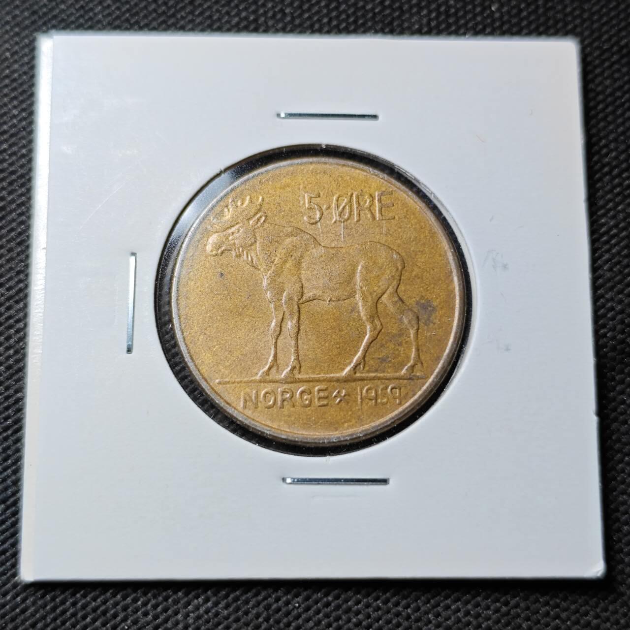 KK钱币收藏小铺  第361场  2月预留时间 周末发货  1959挪威5欧尔铜币 动物版