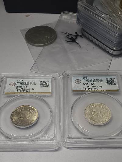 老银元专场（本场有部分趣味币和版别币） - 广东20毫，两枚，公博评级65分，强光。