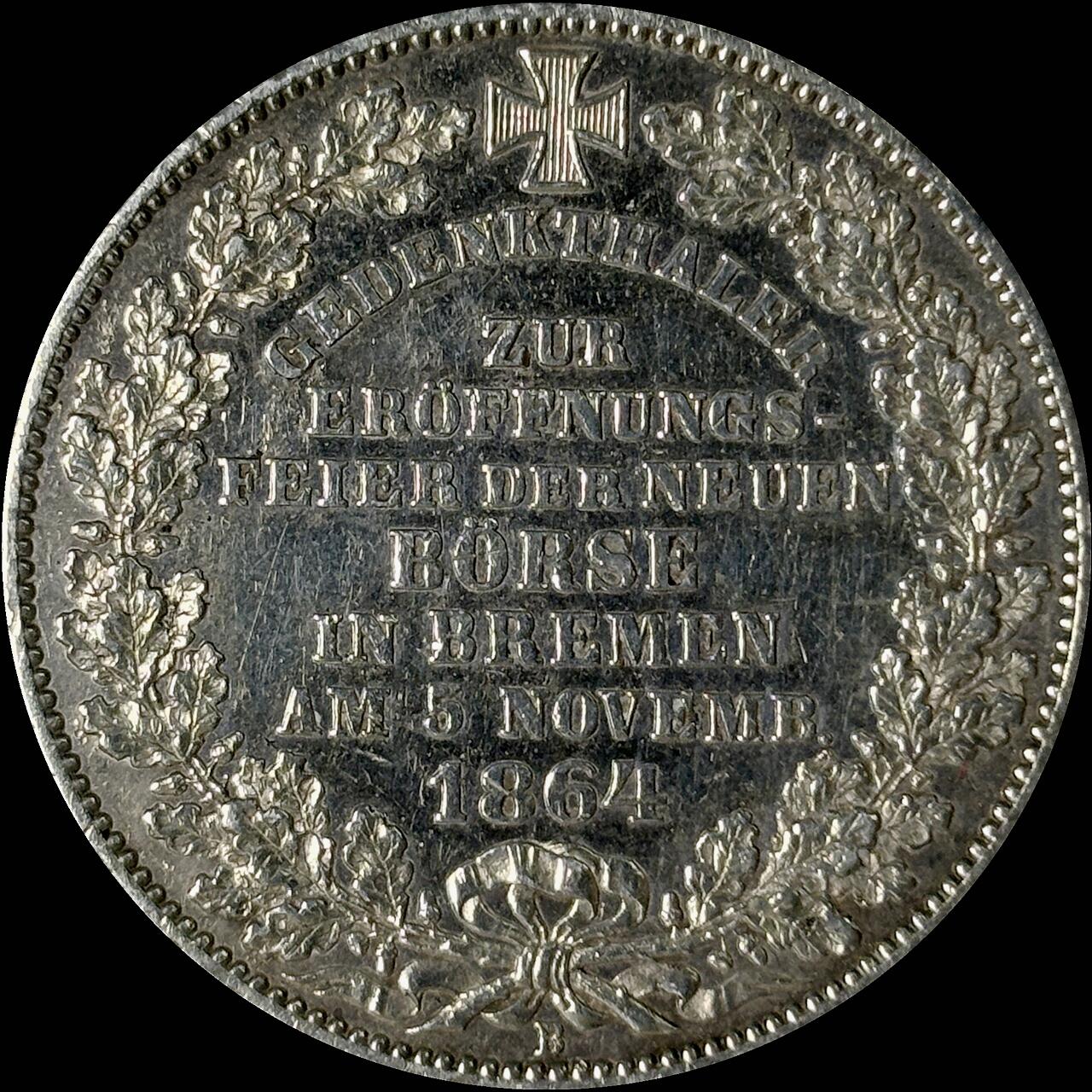 【雨安】【世界币章112-113期】周五/周六 两场连拍 2025-10-31 周五 19:30 保真 8秒倒数自动落锤 高效拍卖  [裸币德国] Germany 德国 德意志 1泰勒 Bremen不莱梅 Thun.125 1864年 不莱梅交易所