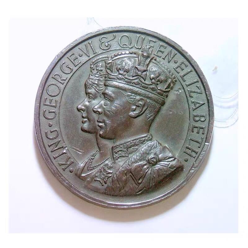 英国1937年 乔治六世和皇后+海神高浮雕精制大铜章 45MM