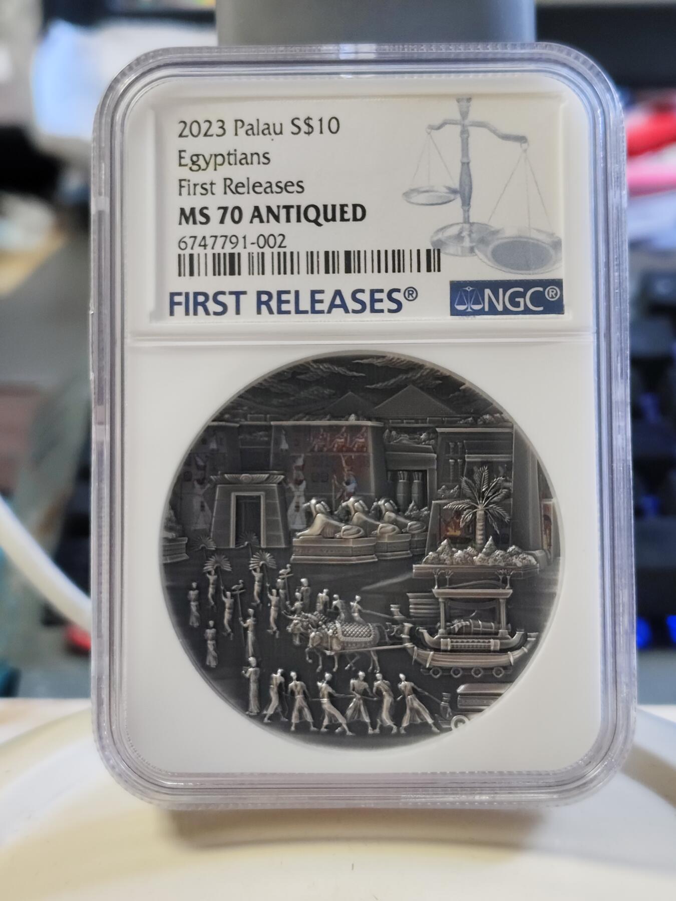 第180期拍卖【长期征集拍品】【北京币展专场】 帕劳2023年葬礼往生系列埃及2盎司仿古彩色纪念银币NGC-MS70首原盒证书，999银，发行555枚