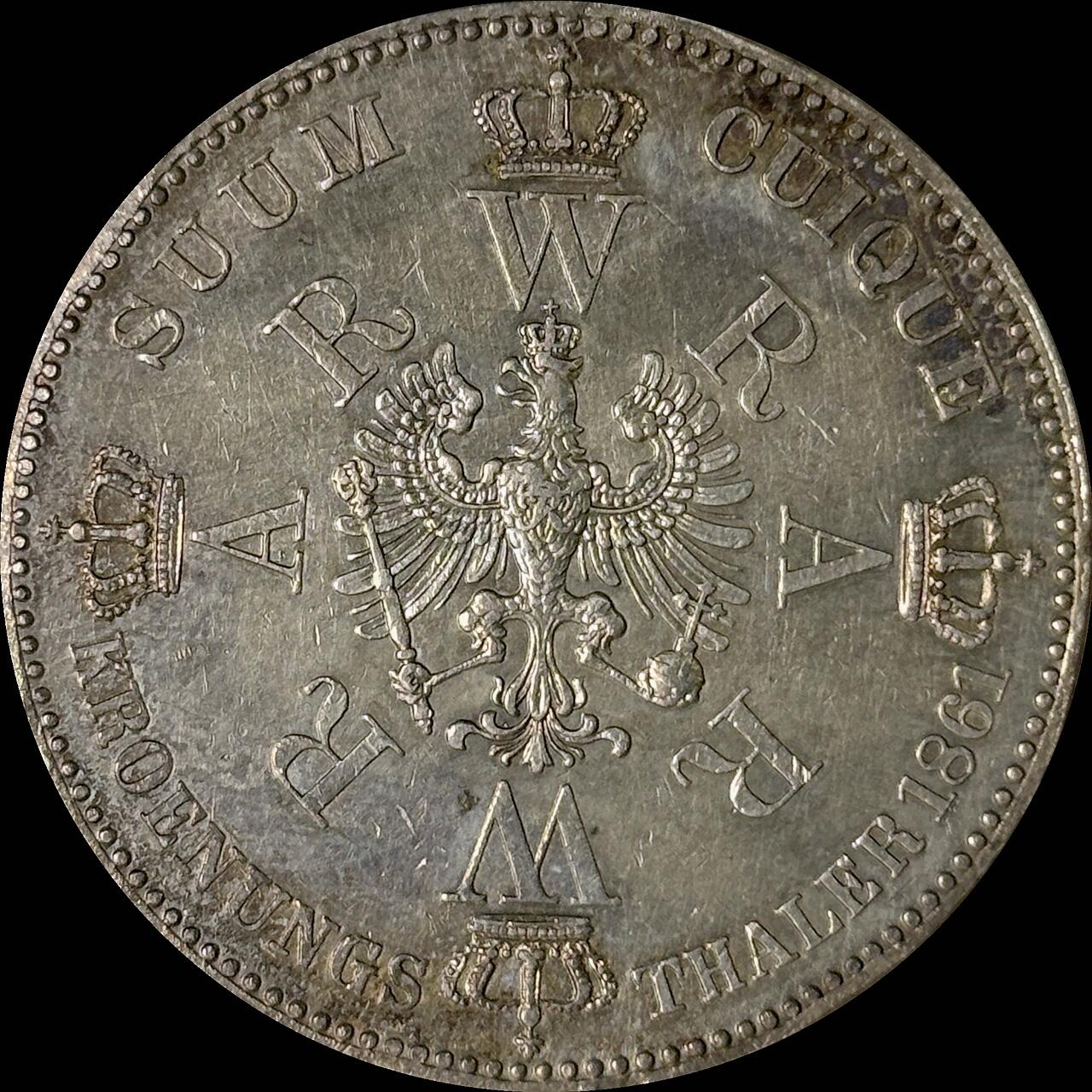 【雨安】【世界币章112-113期】周五/周六 两场连拍 2025-10-31 周五 19:30 保真 8秒倒数自动落锤 高效拍卖  [裸币德国] Germany 德国 德意志 1泰勒 Prussia普鲁士 Thun.265, KM# 488 1861年 威廉一世.登基