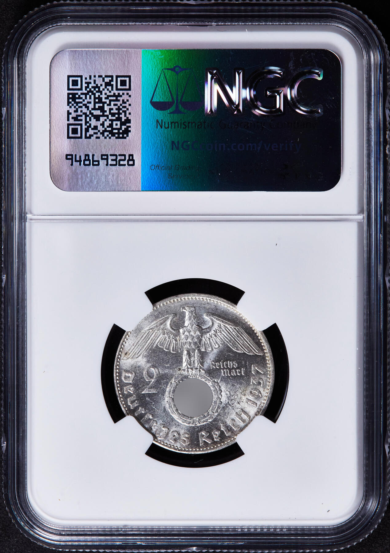 【俄甄集藏】2025年(044)11-12星期三晚 19:30 全场包邮 德国第三帝国1937年E版2马克银币，NGC MS62，转光品相，原图联系客服