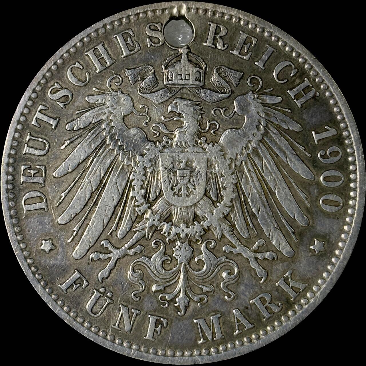 【雨安】【世界币章112-113期】周五/周六 两场连拍 2025-10-31 周五 19:30 保真 8秒倒数自动落锤 高效拍卖  [裸币德国] Germany 德国 帝国 巴伐利亚 5马克 奥托 1900年 被做成项坠