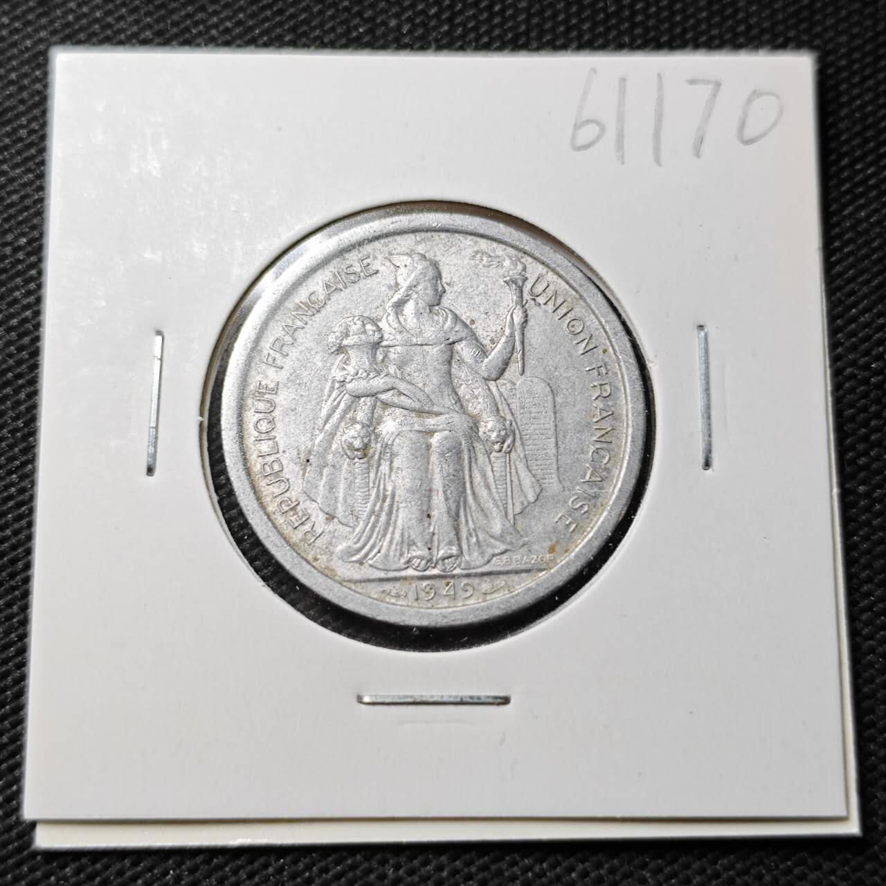 KK钱币收藏小铺  第361场  2月预留时间 周末发货  1949法属新喀里多尼亚2法郎