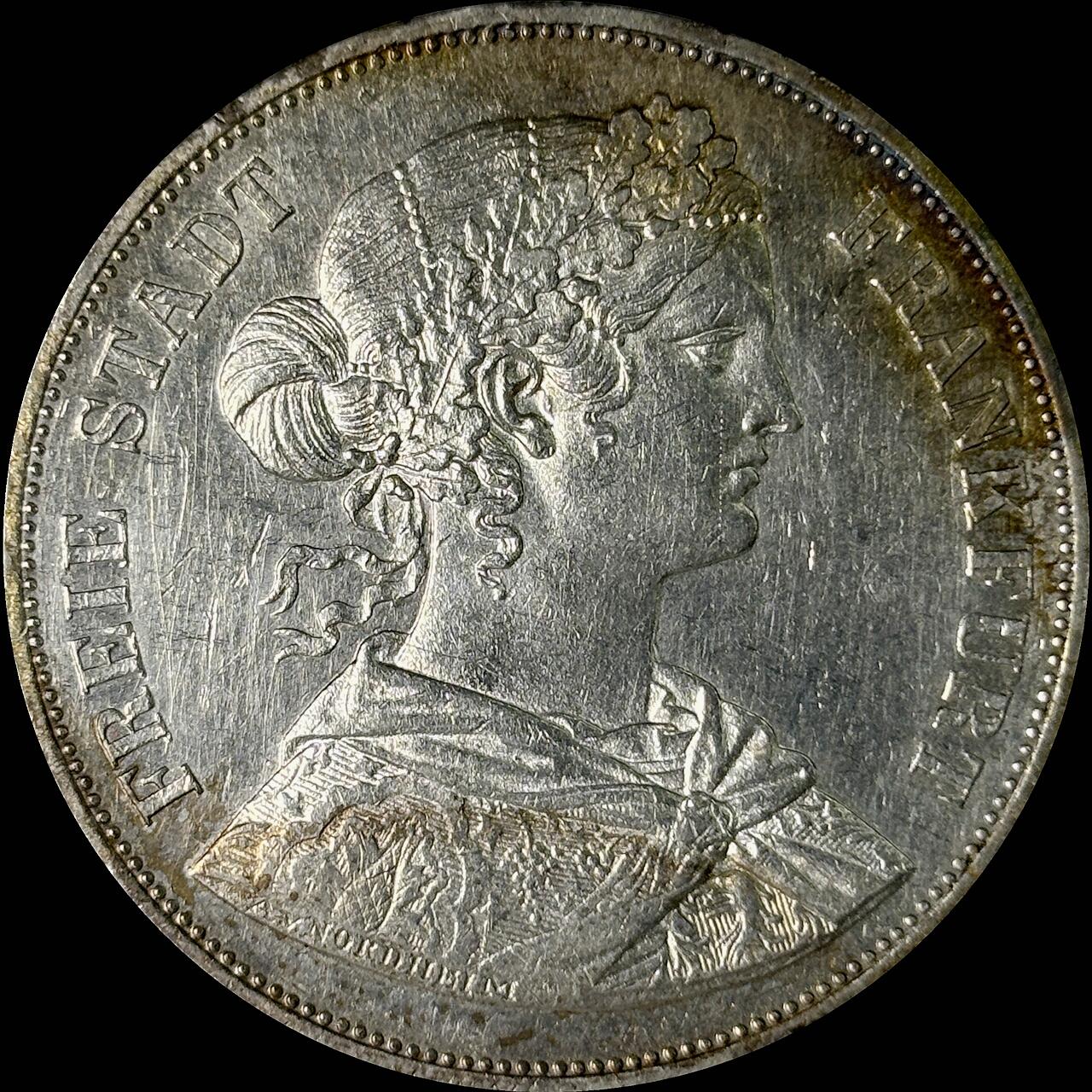 【雨安】【世界币章112-113期】周五/周六 两场连拍 2025-10-31 周五 19:30 保真 8秒倒数自动落锤 高效拍卖  [裸币德国] Germany 德国 德意志 2泰勒 Frankfurt法兰克福 Thun.145 KM#0365 (1860-1866) 法兰克福少女 1860年