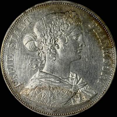 【雨安】【世界币章112-113期】周五/周六 两场连拍 2025-10-31 周五 19:30 保真 8秒倒数自动落锤 高效拍卖  - [裸币德国] Germany 德国 德意志 2泰勒 Frankfurt法兰克福 Thun.145 KM#0365 (1860-1866) 法兰克福少女 1860年