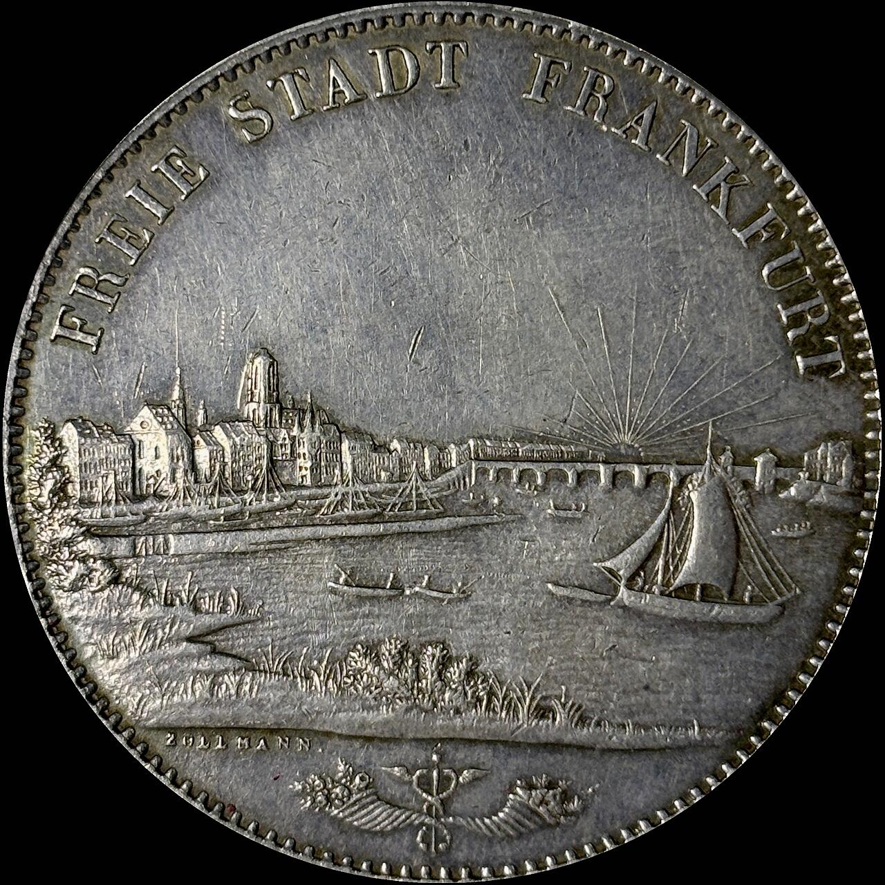 【雨安】【世界币章112-113期】周五/周六 两场连拍 2025-10-31 周五 19:30 保真 8秒倒数自动落锤 高效拍卖  [裸币德国] Germany 德国 德意志 2泰勒 Frankfurt法兰克福 Thun.130 KM#0326 景观泰勒 1843年 极美细节, 均匀淡美包浆