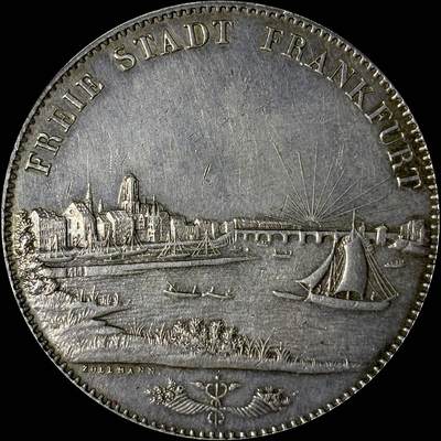 【雨安】【世界币章112-113期】周五/周六 两场连拍 2025-10-31 周五 19:30 保真 8秒倒数自动落锤 高效拍卖  - [裸币德国] Germany 德国 德意志 2泰勒 Frankfurt法兰克福 Thun.130 KM#0326 景观泰勒 1843年 极美细节, 均匀淡美包浆