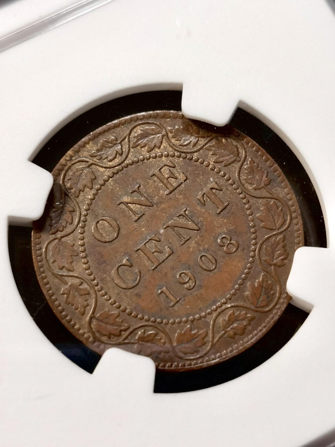 甄臻铺-世界币章拍卖（第37期），送拍享返佣金等优惠多多 NGC-AU58BN 加拿大 1908年 爱德华七世 1分铜币 巧克力色