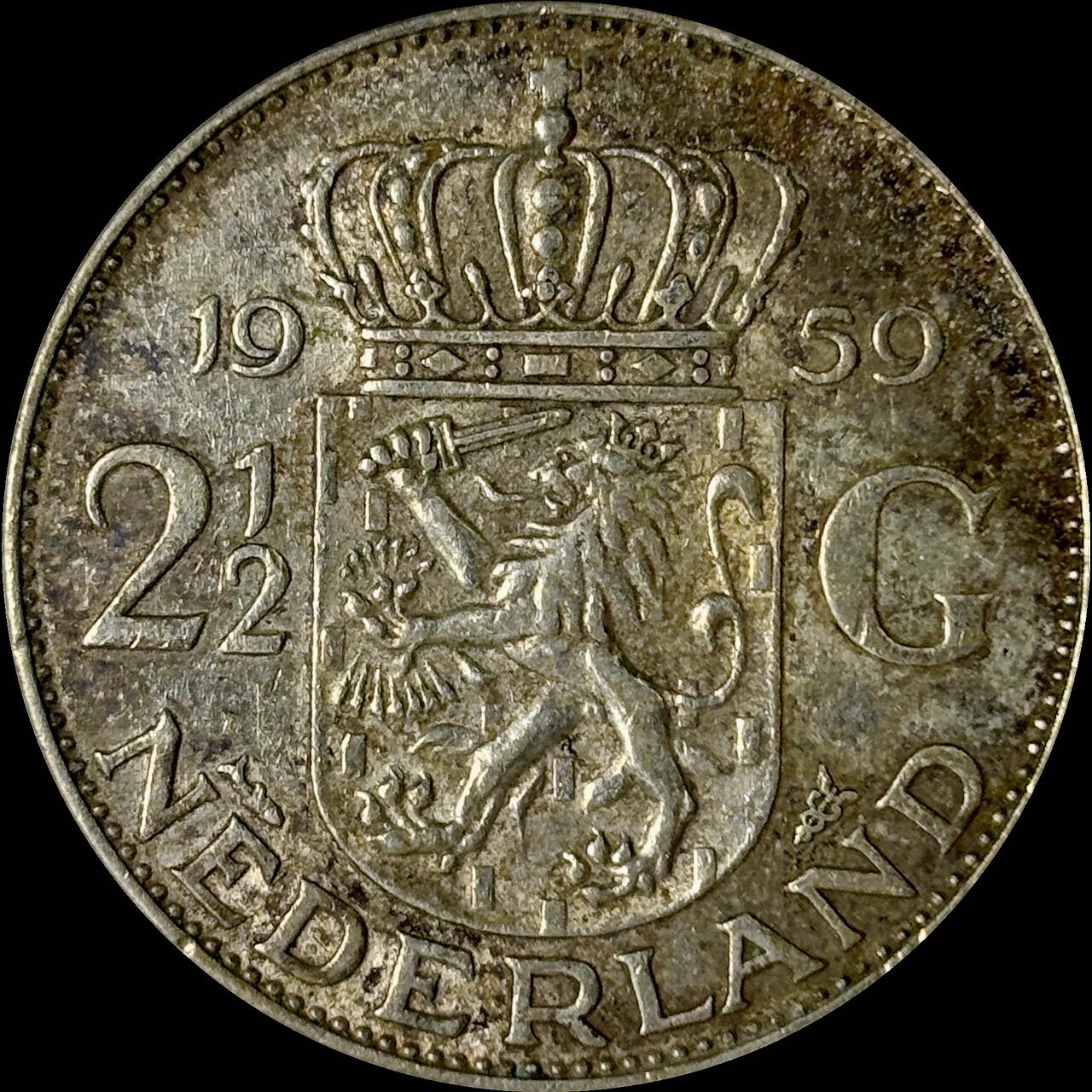 【雨安】【世界币章112-113期】周五/周六 两场连拍 2025-10-31 周五 19:30 保真 8秒倒数自动落锤 高效拍卖  [裸币各国] Netherlands 荷兰 王国 2.5盾 1959年 朱丽安娜