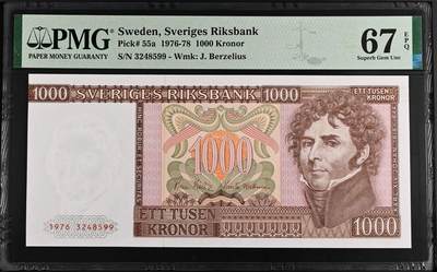 《艾美收藏》第218期-11.2周日外币荟萃 - 瑞典1976首发年1000克朗最高值PMG67E亚军分 冠军68分仅3张 King Carl XIV Johan Pick#55a
