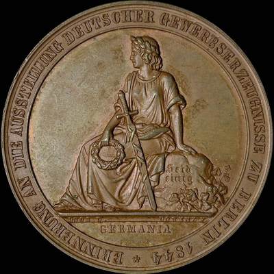 【雨安】【世界币章112-113期】周五/周六 两场连拍 2025-10-31 周五 19:30 保真 8秒倒数自动落锤 高效拍卖  - [章] Germany 章 德国 1844年 德国工业产品博览会 带着皇冠和剑的日耳曼尼亚坐在铁路桥上火车上 铜章