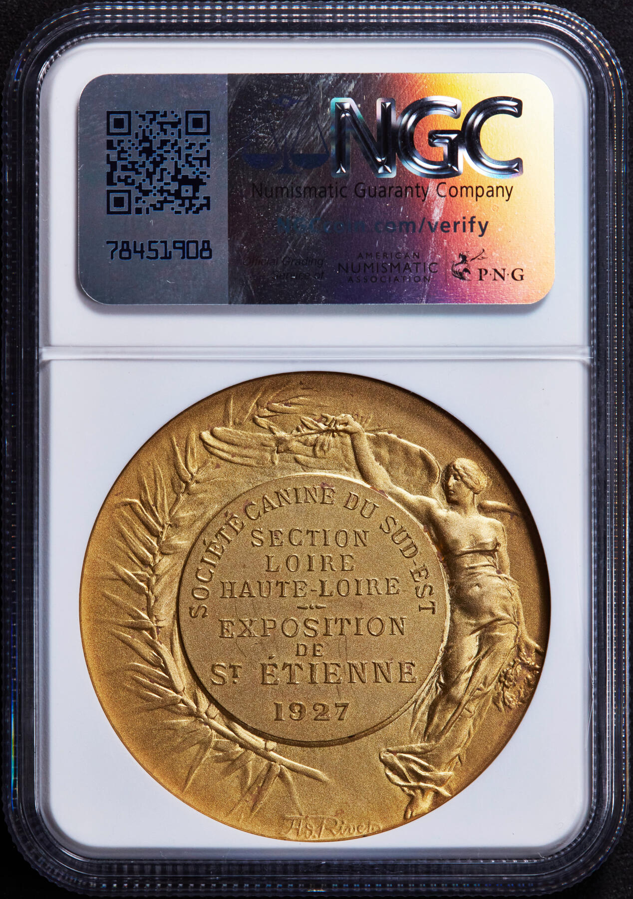 【俄甄集藏】2025年(044)11-12星期三晚 19:30 全场包邮 法国1927年犬科动物协会纪念圣艾蒂安犬业博览会镀金大铜章，NGC MS63，磨砂底板，金水足
