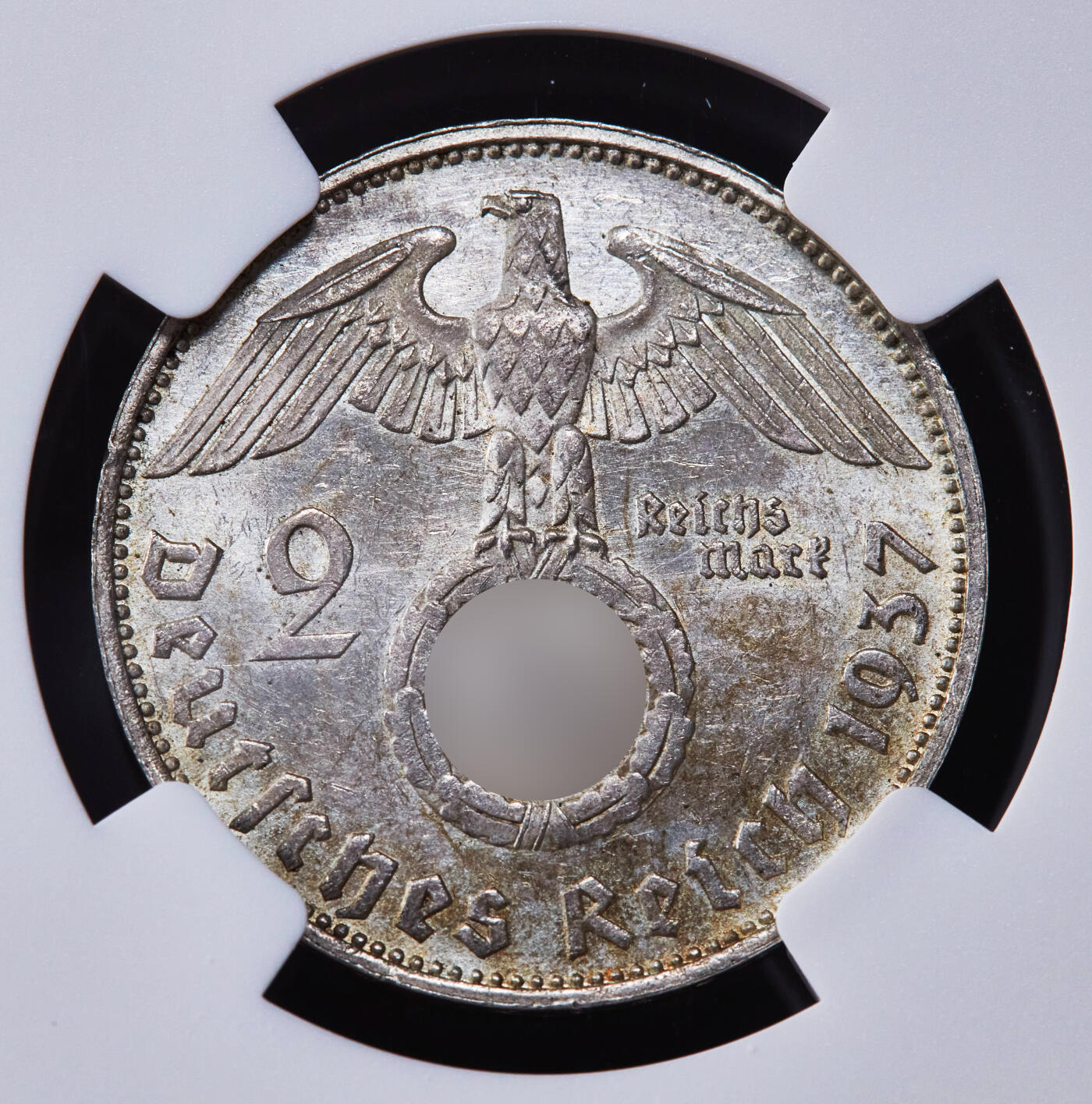 【俄甄集藏】2025年(044)11-12星期三晚 19:30 全场包邮 德国第三帝国1937年E版2马克银币，NGC MS63，原味转光，底板凝霜，原图联系客服