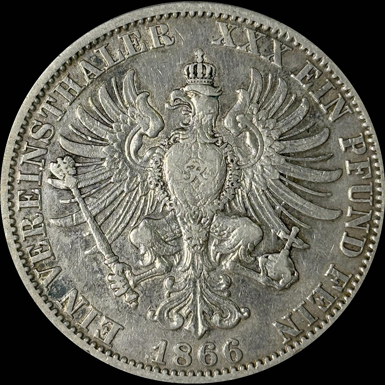 【雨安】【世界币章112-113期】周五/周六 两场连拍 2025-10-31 周五 19:30 保真 8秒倒数自动落锤 高效拍卖  [裸币德国] Germany 德国 德意志 1泰勒 Prussia普鲁士 Thun.271 KM#0497 1866年 威廉一世.普奥战争.桂冠