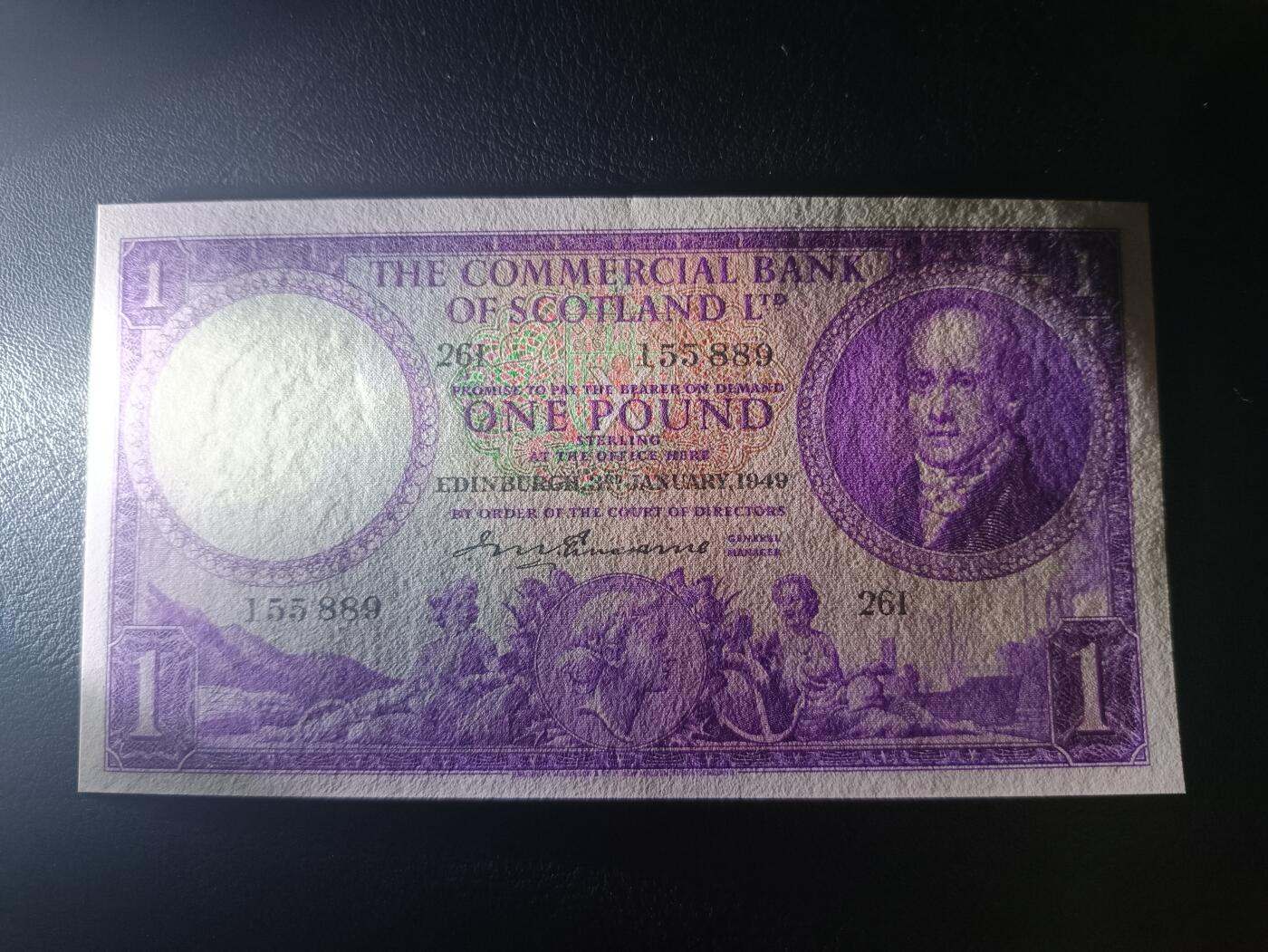 2025十一月第一期，总199期 苏格兰国家商业银行1949年1镑流通好品XF，银行创始人和苏格兰大徽章，少见早期紫色版本