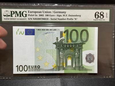 《外钞收藏家》第五百八十期（精选场）（本平台长期征集拍品、欢迎藏友们联系合作） - 2002年一签100欧元 PMG68 德国版 亚军分