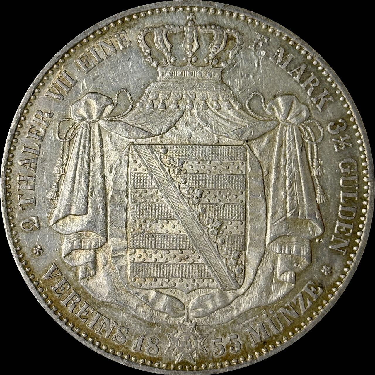 【雨安】【世界币章112-113期】周五/周六 两场连拍 2025-10-31 周五 19:30 保真 8秒倒数自动落锤 高效拍卖  [裸币德国] Germany 德国 德意志 2泰勒 Saxony萨克森 Thun.337 KM#1190 约翰.大纹章 1855年 原味近未带光