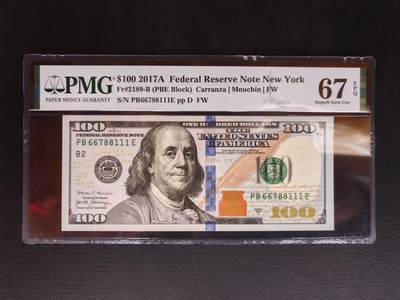【礼羽收藏】🌏世界钱币拍卖第109期 - 2017版100美刀，PMG67EPQ高分靓号，66788111，四喜号、顺子号、金钩号、豹子号！