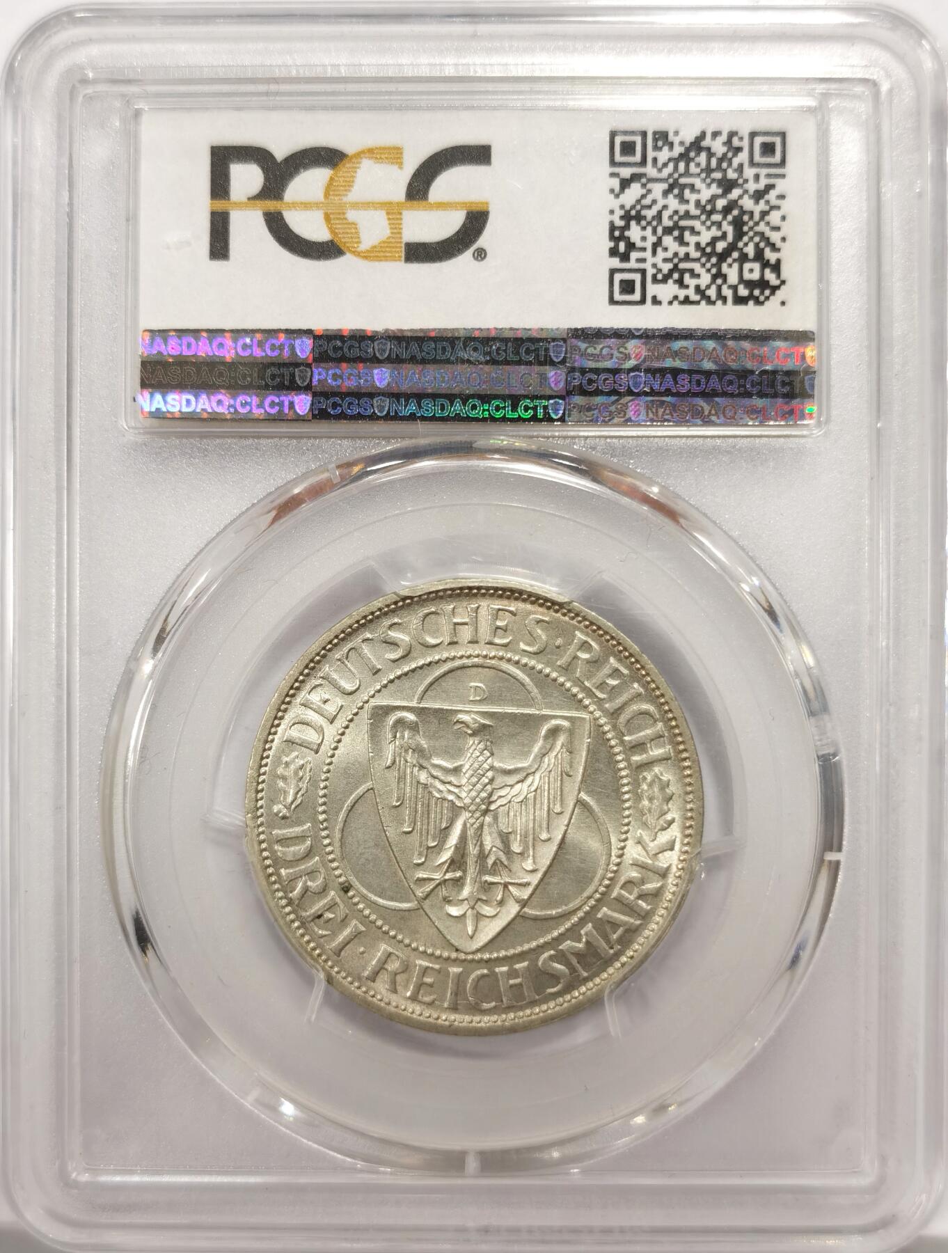 博洋堂世界钱币拍卖第144期（全场包邮） PCGS MS64 德国魏玛共和国1930年莱茵解放3马克银币