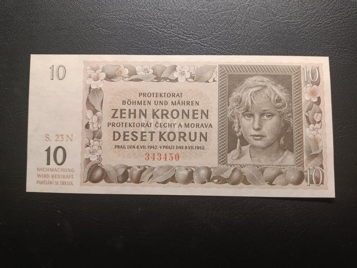 2025十一月第一期，总199期 波希米亚和摩拉维亚（捷克二战期间被德国占领的傀儡政权名称）1942版10克朗UNC-，经典的小女孩形象