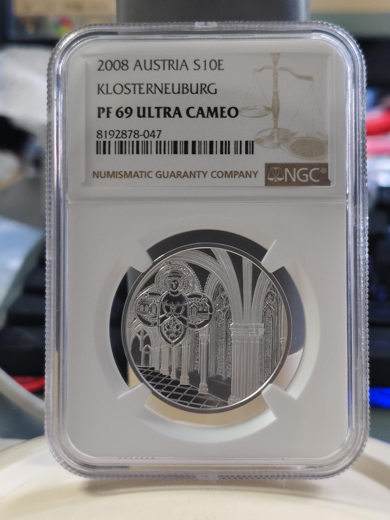 第180期拍卖【长期征集拍品】【北京币展专场】 奥地利2008年克洛斯特新堡修道院卡装纪念银币NGC-PF69，获克劳斯2010年度最佳克朗币大奖，925银，16克