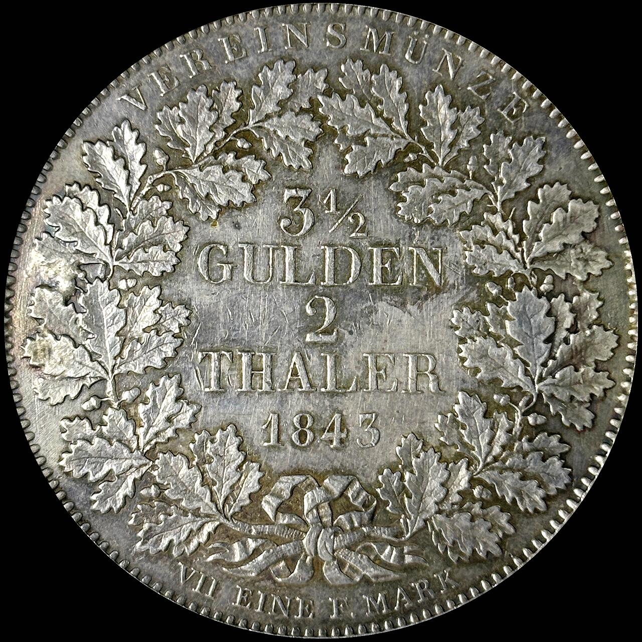 【雨安】【世界币章112-113期】周五/周六 两场连拍 2025-10-31 周五 19:30 保真 8秒倒数自动落锤 高效拍卖  [裸币德国] Germany 德国 德意志 2泰勒 Frankfurt法兰克福 Thun.130 KM#0326 景观泰勒 1843年 极美细节, 均匀淡美包浆