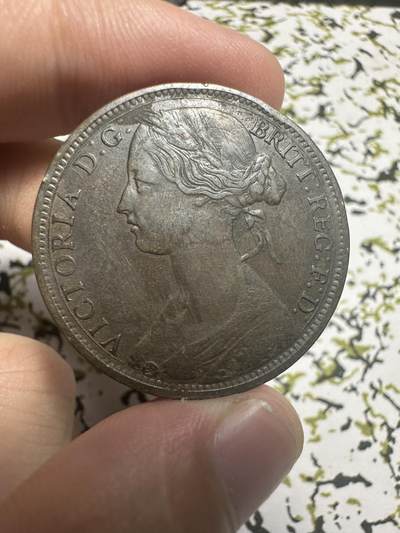 外国钱币，章 极美品！1863年英国维多利亚女王一便士铜币