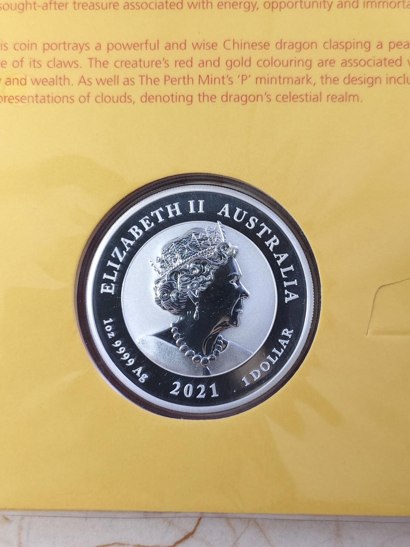 第180期拍卖【长期征集拍品】【北京币展专场】 卡装澳大利亚2021年中国神话传说系列龙彩色1盎司银币，9999银，发行5000枚